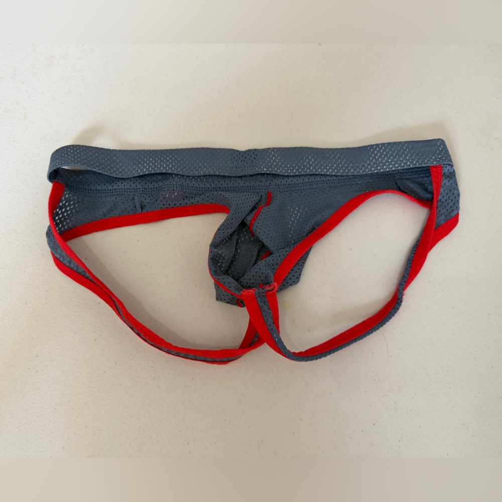 Men’s Mesh Gray and Red Jockstrap - Picture 2 of 3